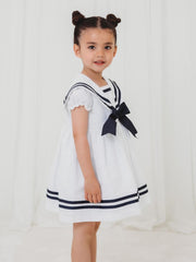 'Edie' white & navy linen mix bow dress