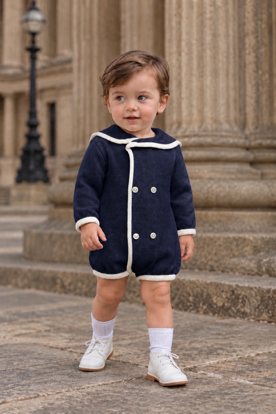 'Louis' navy & ivory sailor collar knitted romper