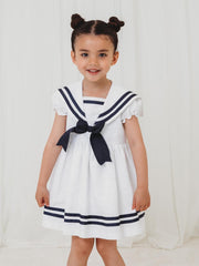 'Edie' white & navy linen mix bow dress