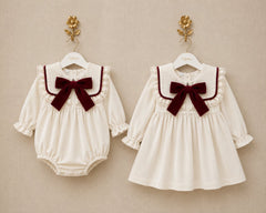 'Signature' ivory & burgundy statement collar velvet romper