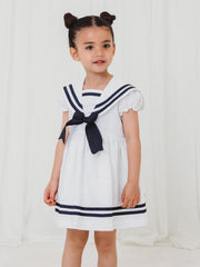 'Edie' white & navy linen mix bow dress