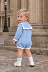 'Louis' blue & ivory sailor collar knitted romper