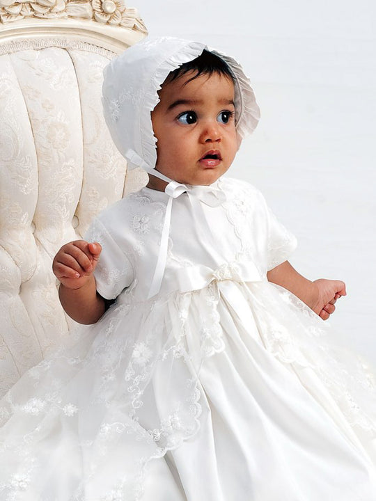 Sarah Louise Ivory Silk Floral Occasion Dress & Bonnet