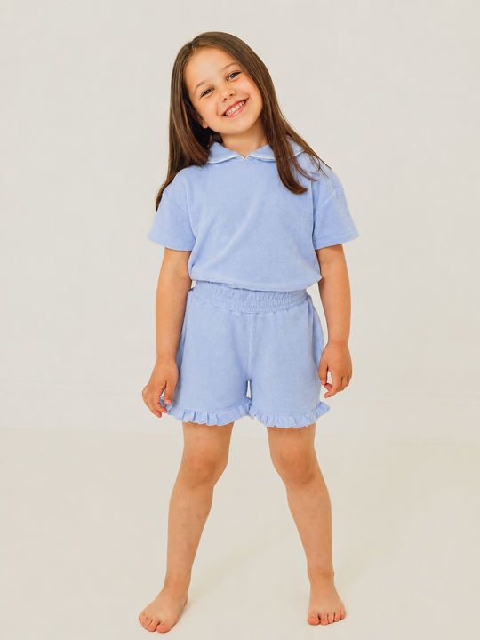 'Hallie' blue frill towelling short set