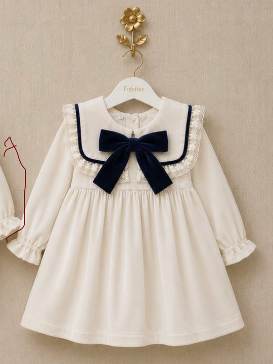 'Signature' ivory & navy statement collar velvet dress