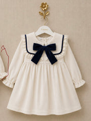 'Signature' ivory & navy statement collar velvet dress