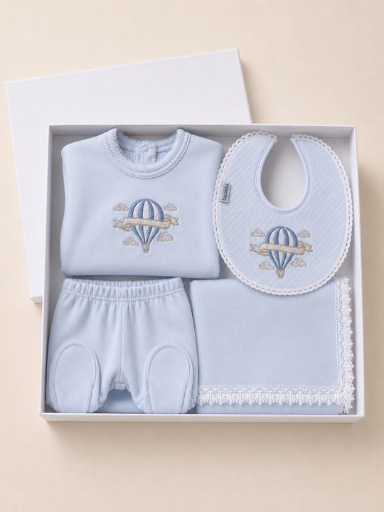 Luxe blue hot air balloon embroidered gift set