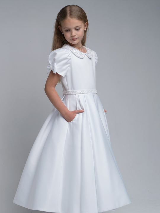'Isabella' White Pearl trim Communion Dress