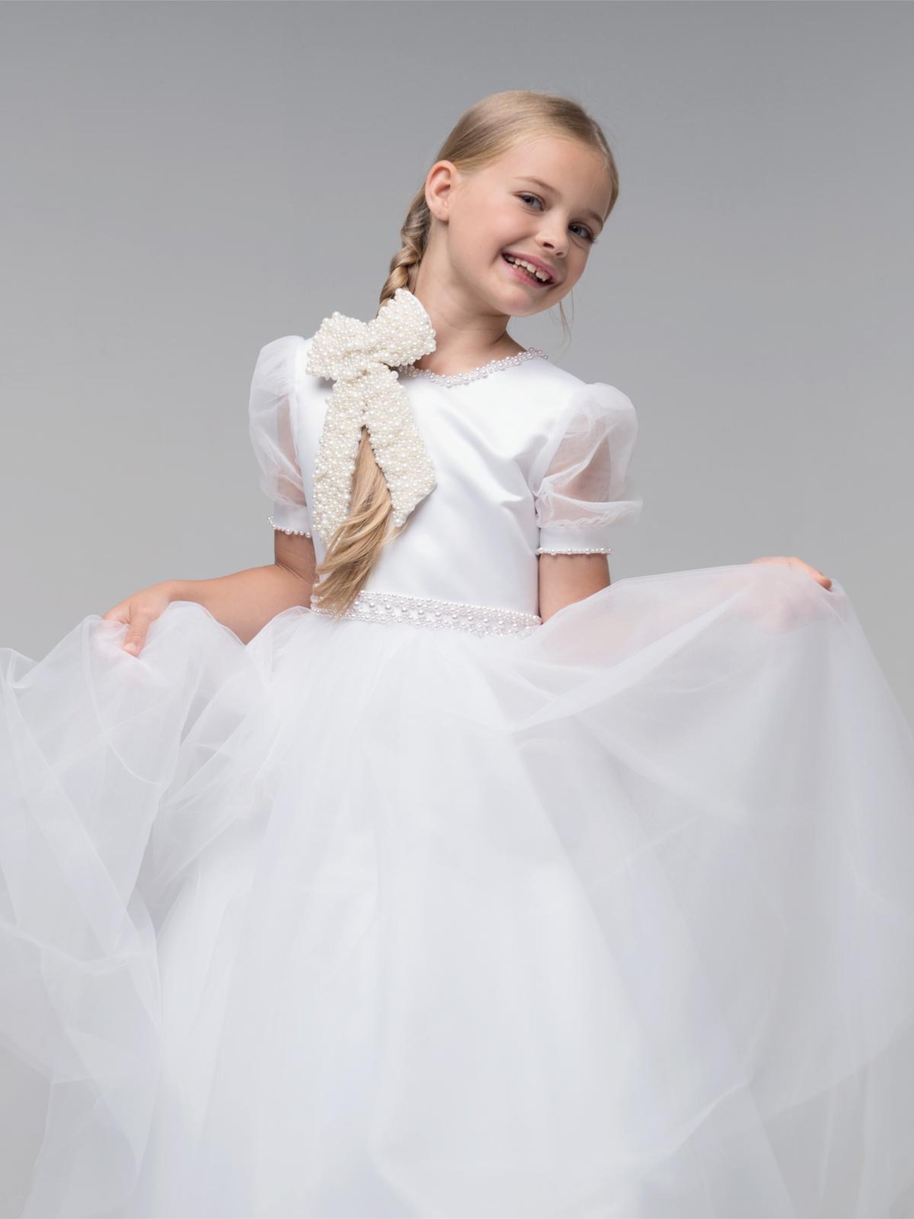 Mila' White Organza Beaded Communion Dress – Rose Albert