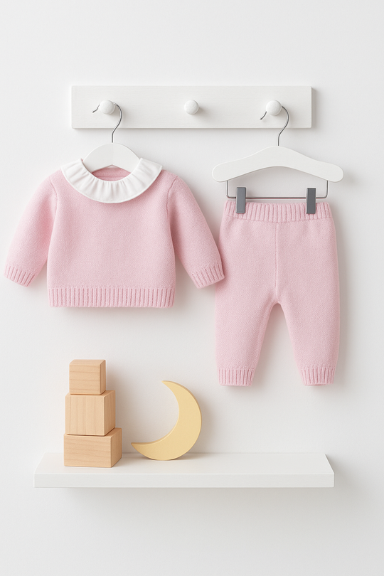 Merino Wool Pink Frill Collar Pink Knitted 2 Piece set