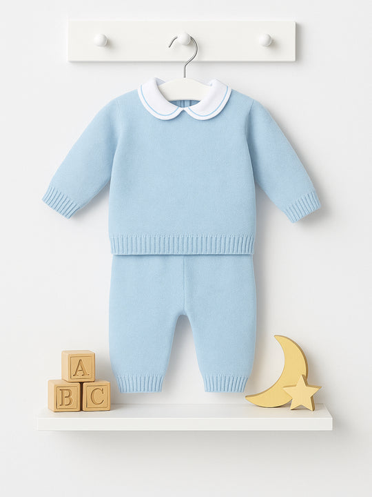 Merino Wool Baby Blue Peter Pan Collar Blue Knitted 2 piece set
