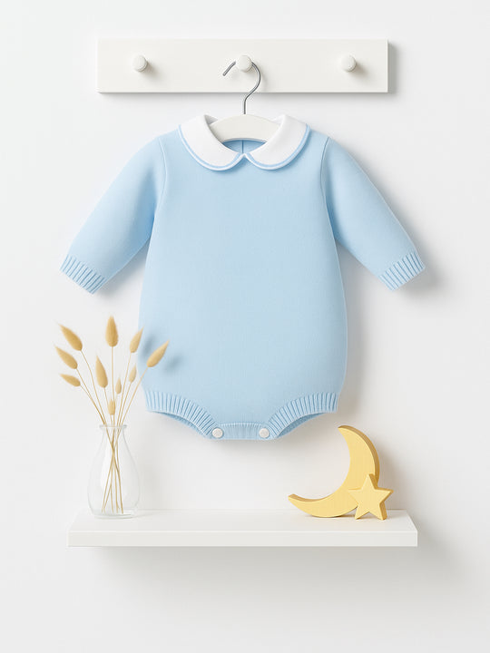Merino Wool Baby Blue Peter Pan Collar Knitted Romper