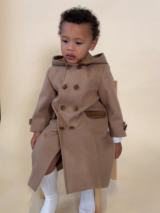 Sarah Louise Camel Traditional Coat with Velvet Trim