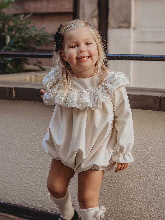 'Eve' Ivory velvet & gold lace romper