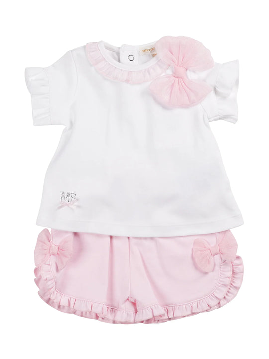 Mintini baby pink tulle bow shorts set