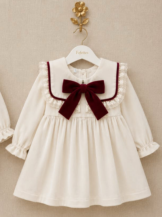'Signature' ivory & burgundy statement collar velvet dress