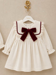 'Signature' ivory & burgundy statement collar velvet dress