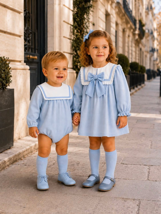 'Ciel' blue babycord frill collar dress