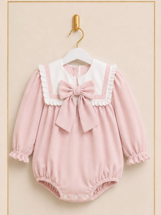 'Camelia' pink babycord frill collar romper