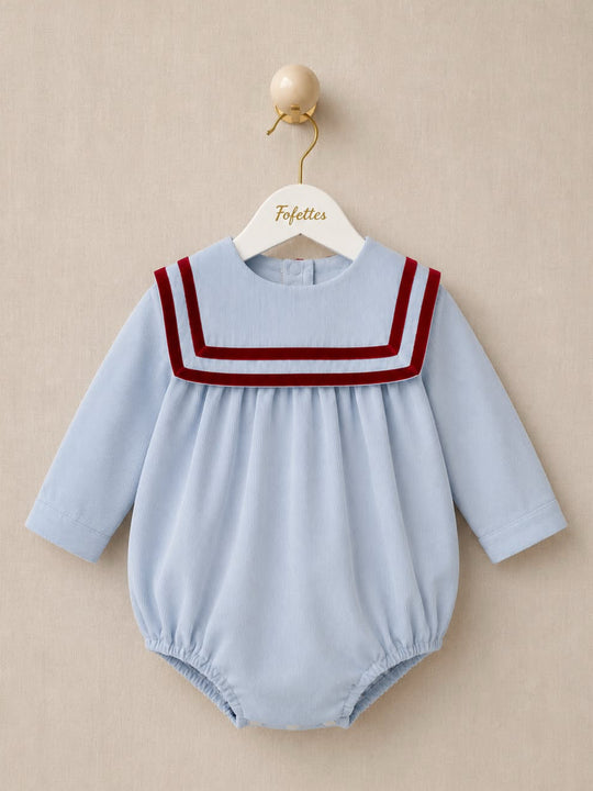 'Bordeaux' blue babycord sailor collar romper with burgundy