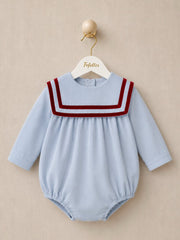 'Bordeaux' blue babycord sailor collar romper with burgundy