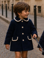 'Signature' navy boucle coat with ivory trim