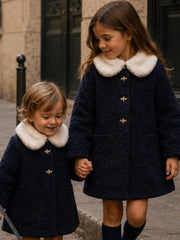 'Signature' navy boucle coat with faux fur collar
