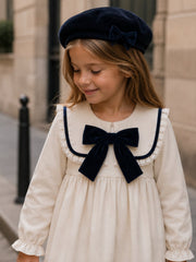 'Signature' ivory & navy statement collar velvet dress