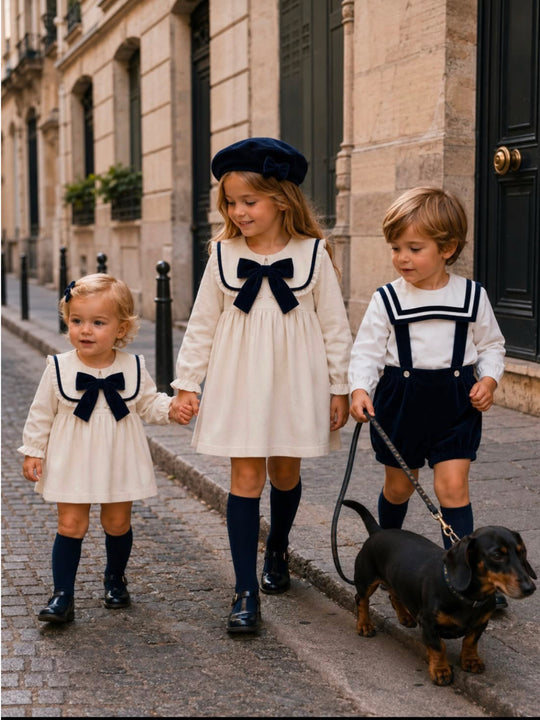 'Signature' navy velvet sailor collar dungaree set