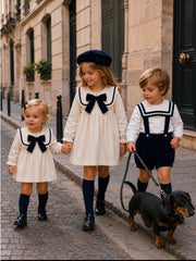 'Signature' ivory & navy statement collar velvet romper