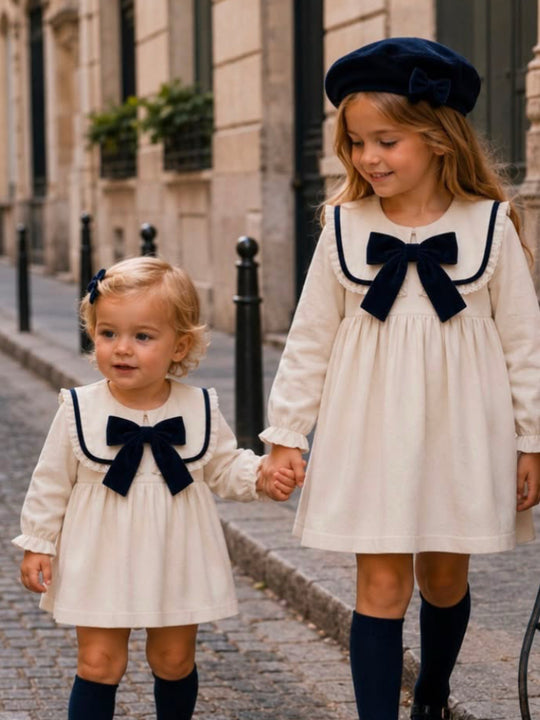 'Signature' ivory & navy statement collar velvet dress