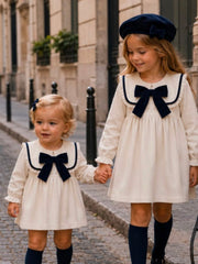 'Signature' ivory & navy statement collar velvet dress