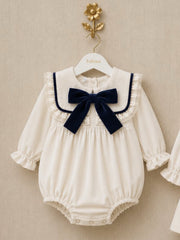 'Signature' ivory & navy statement collar velvet romper