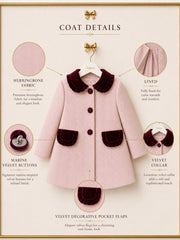 'Bordeaux' pink herringbone & burgundy velvet trim coat