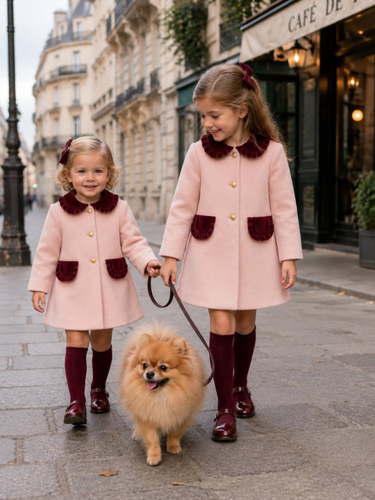 'Bordeaux' pink herringbone & burgundy velvet trim coat