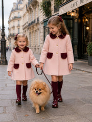 'Bordeaux' pink herringbone & burgundy velvet trim coat