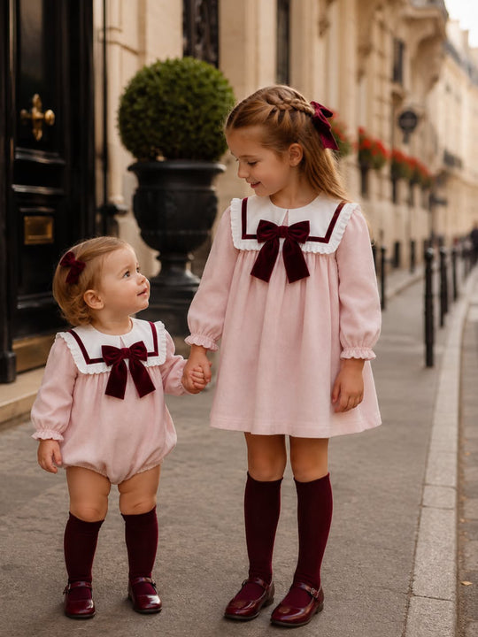 'Bordeaux' pink babycord frill collar romper with burgundy bow