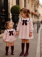 'Bordeaux' pink babycord frill collar dress with burgundy bow