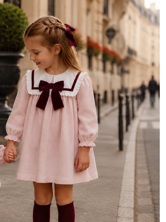 'Bordeaux' pink babycord frill collar dress with burgundy bow