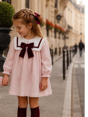 'Bordeaux' pink babycord frill collar dress with burgundy bow