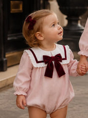 'Bordeaux' pink babycord frill collar romper with burgundy bow