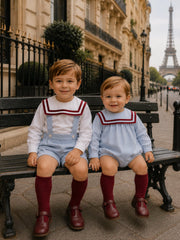 'Bordeaux' blue babycord sailor collar romper with burgundy
