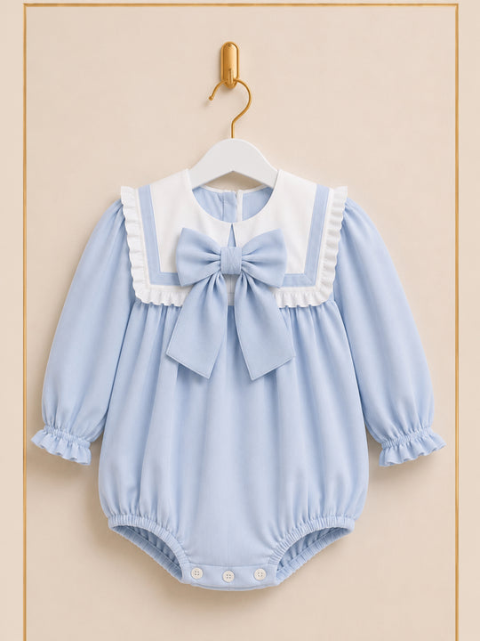 'Ciel' blue babycord frill collar romper
