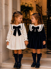 'Signature' navy & ivory statement collar velvet dress