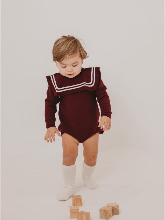 'Charlie' burgundy & ivory knitted romper with sailor collar