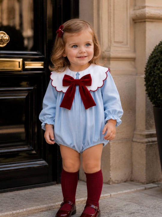'Provence' blue & burgundy statement collar velvet romper