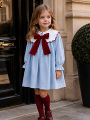 'Provence' blue & burgundy velvet bow dress