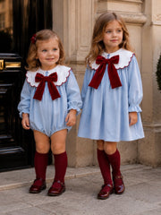 'Provence' blue & burgundy statement collar velvet romper