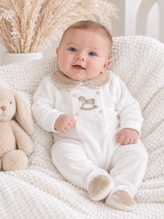 Pex 'George' white & beige velour rocking horse sleepsuit