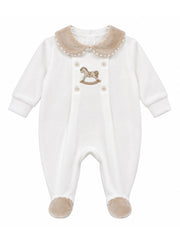 Pex 'George' white & beige velour rocking horse sleepsuit